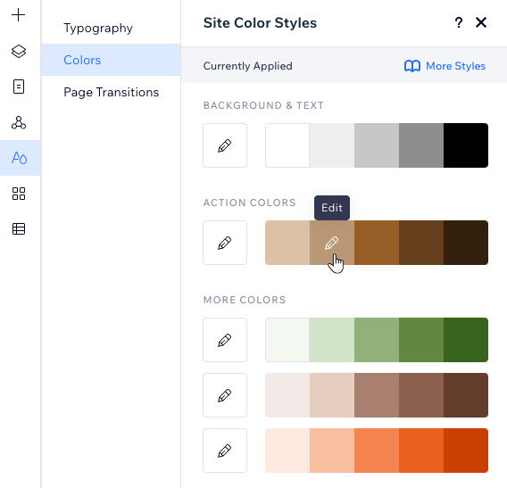 A screenshot of the colors tab in the site styles panel, hovering over a shade to edit it