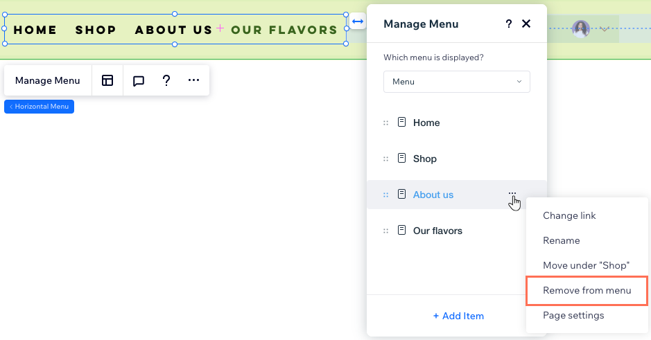 A screenshot of the Manage Menu panel where you can remove a page from the menu