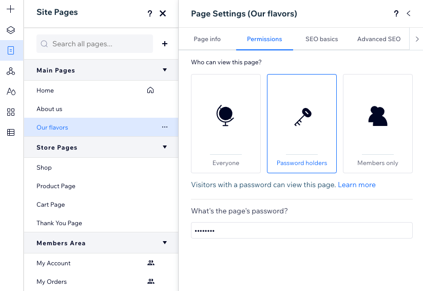 A screenshot of the Page Settings panel, with the Permissions tab open and a password defined for the page