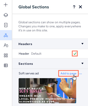 En el panel Secciones globales, la marca de verificación aparece junto al encabezado y la opción de agregar una sección que no está en la página