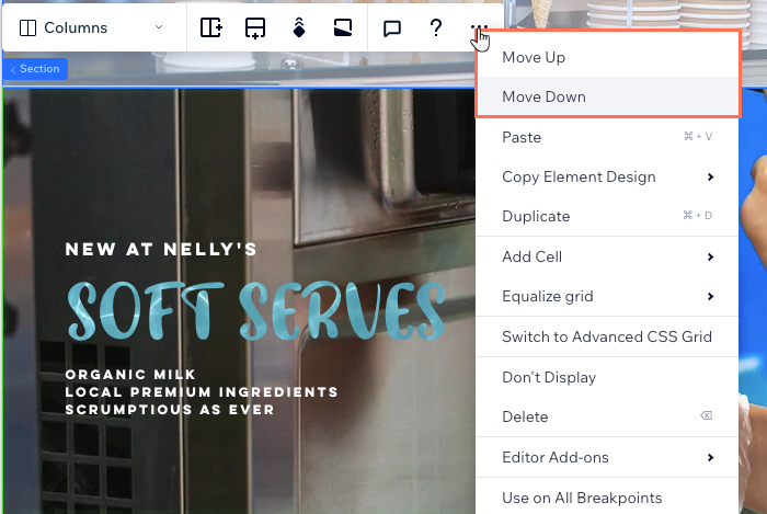 Une capture d'écran d'une section, montrant comment la déplacer vers le haut ou vers le bas sur la zone de travail