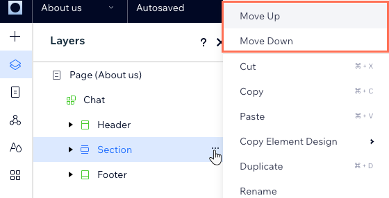 A screenshot of the Layers panel, showing how to select a section and move it up or down