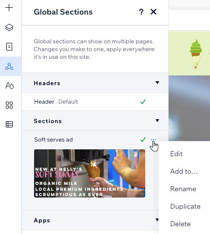 A screenshot of the management options that appear when selecting a global section in the panel