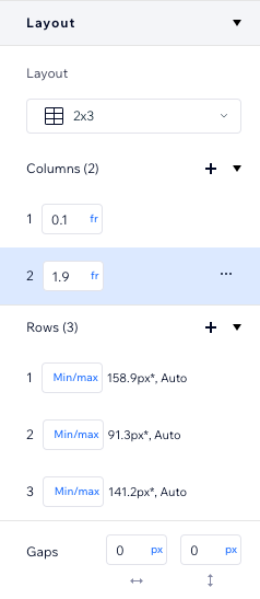 Uma captura de tela da seção Layout no Inspetor após aplicar uma grade avançada