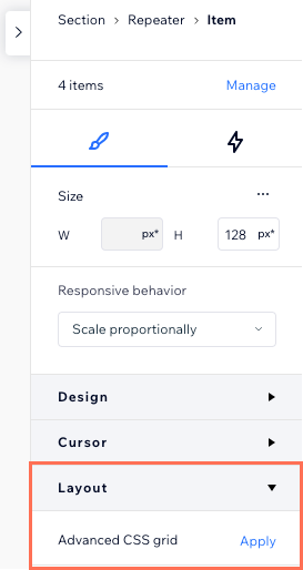 Screenshot, der das Inspektor-Panel zeigt, wenn die Option des rweiterten CSS Grids verfügbar ist