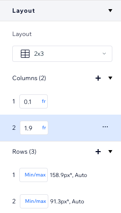 Uma captura de tela da seção Layout no Inspetor após aplicar uma grade avançada