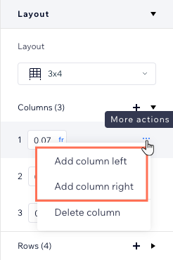 A screenshot showing how to add another row or column from the Inspector