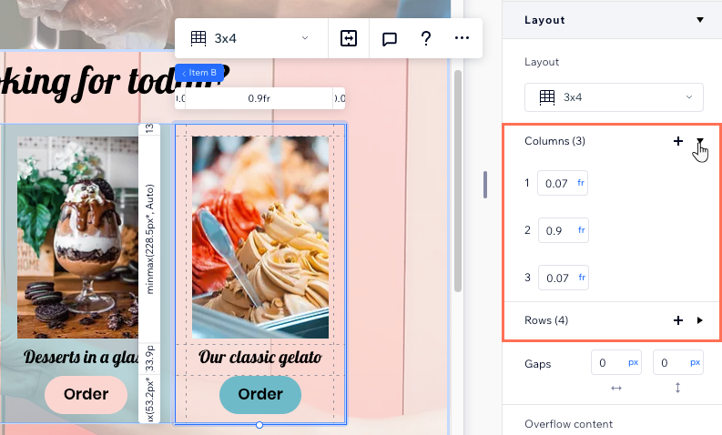 A screenshot of the layout section in the Inspector, resizing each column of the grid