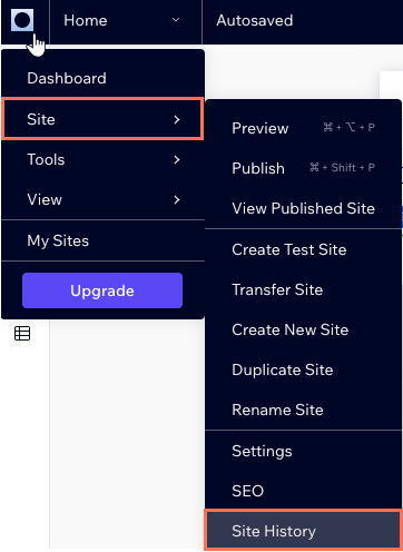 Uma captura de tela da opção do histórico do site no menu no canto superior esquerdo do Editor do Wix Studio