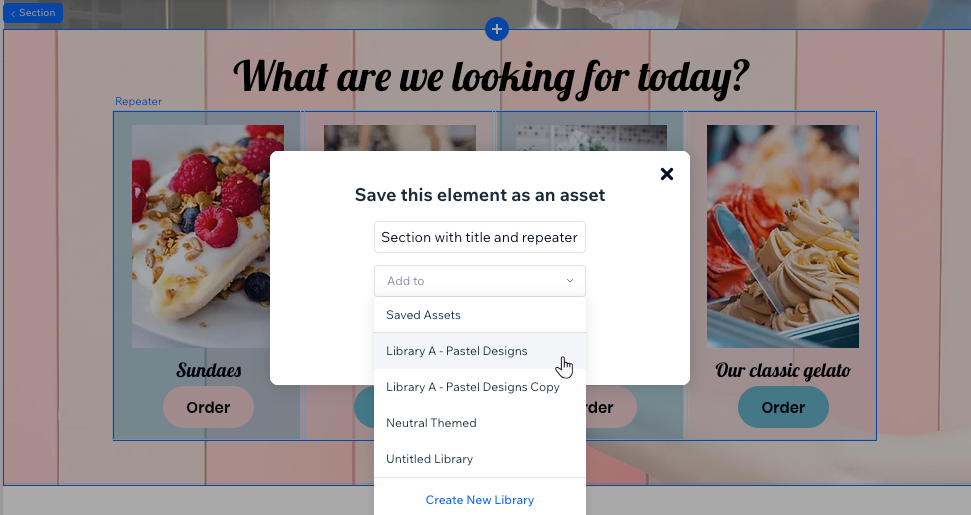 Saving a designed section, showing how to select the relevant library