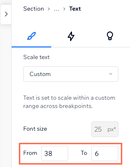 Uma captura de tela da opção Dimensionar texto no Inspetor, mostrando onde definir o intervalo desejado para o breakpoint