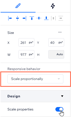 A screenshot of the scale properties toggle, that appear only if you set the responsive behavior to scale proportionally