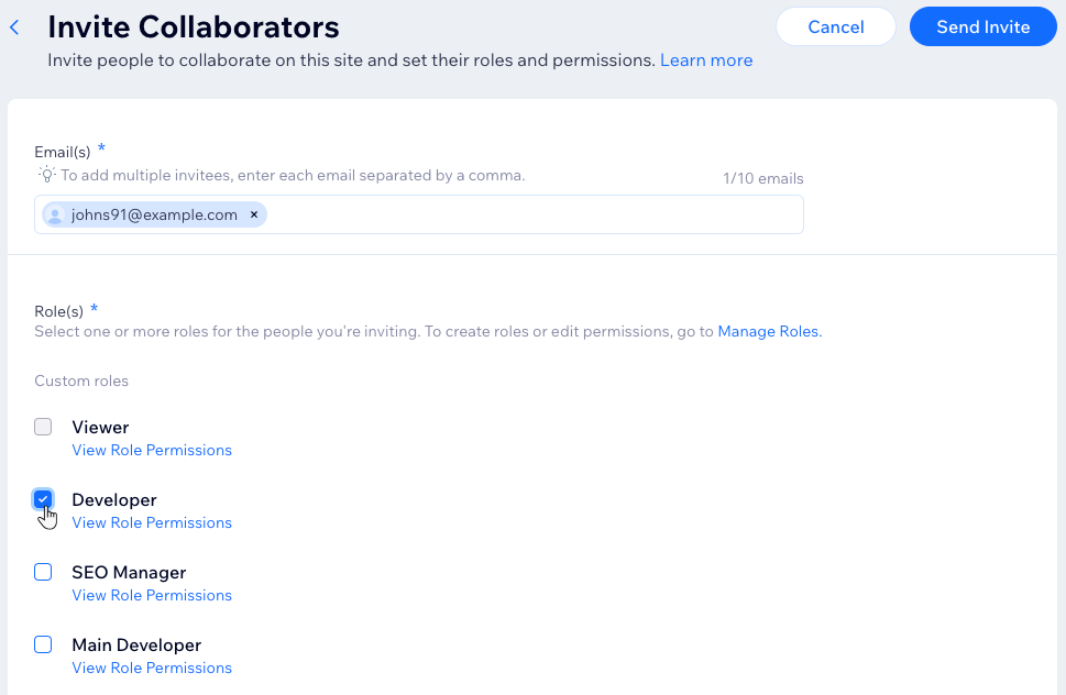 The screen where you enter the collaborator's email address and select their role