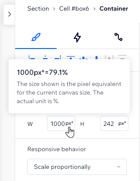 Uma captura de tela mostrando que passar o mouse sobre px* no Inspetor abre um pop-up com o cálculo real