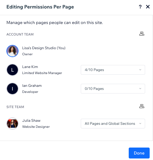 An example of the permissions per page panel, with various teammates who have different permissions