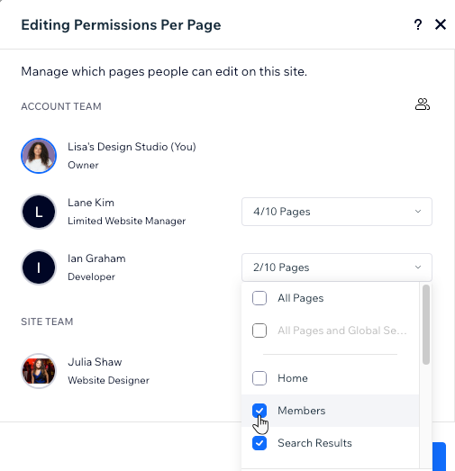 צילום מסך של החלונית Permissions Per Page, עם אפשרות לסמן את התיבות שליד עמודים מסוימים