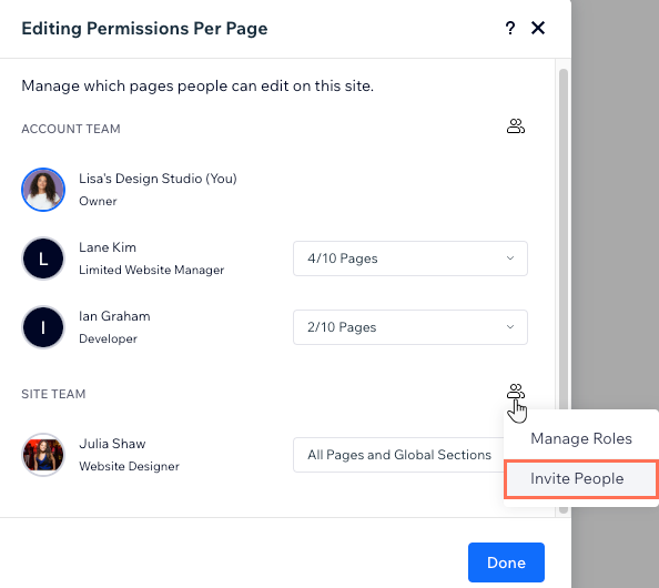 A screenshot showing how to invite someone to the team from the Permissions Per Page panel