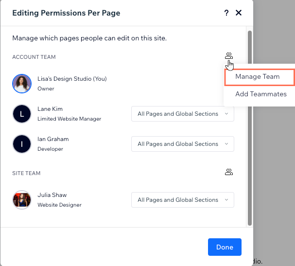 צילום מסך של החלונית Permissions Per Page, עם האייקון שעליו הקלקתם לניהול הצוות