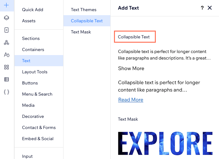 Screenshot della scheda Testo nel pannello Aggiungi elementi, dove puoi trovare il testo riducibile