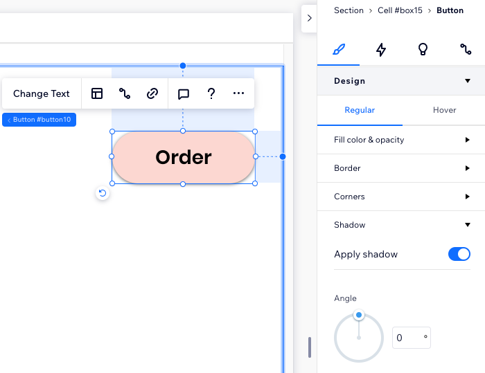 Uma captura de tela de um botão básico com as opções de design do painel Inspetor