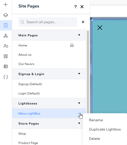 Een lightbox in het Pagina's-paneel met de beschikbare beheeropties