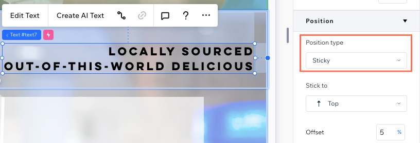 A text element set to stick to the top with a 5% offset from the top.