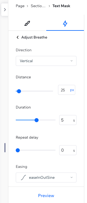 A screenshot of the available adjustment options for the Breathe loop animation