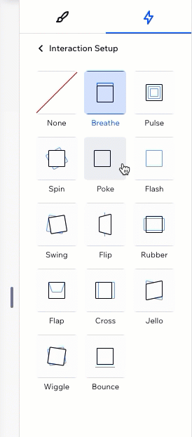 Um GIF mostrando as animações em loop disponíveis e como passar o mouse sobre elas para visualizar