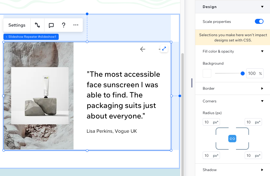 The available slideshow design options in the Inspector.