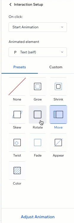 GIF che mostra come passando il mouse sulle interazioni predefinite appare un'anteprima