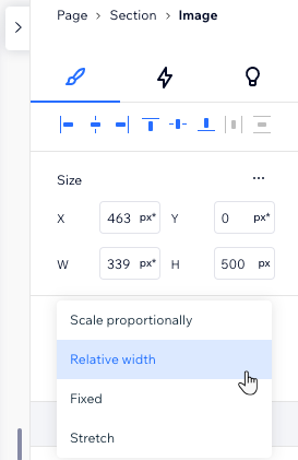 An example of the available responsive behaviors for an element in the Inspector