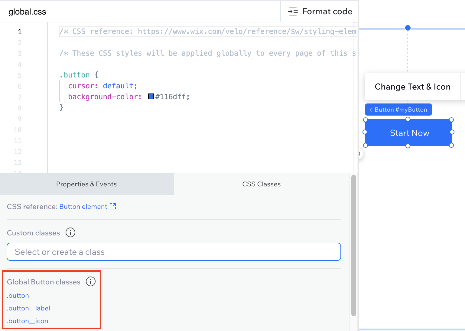 Uma captura de tela mostrando um botão selecionado na tela e as classes disponíveis, conforme descrito no artigo