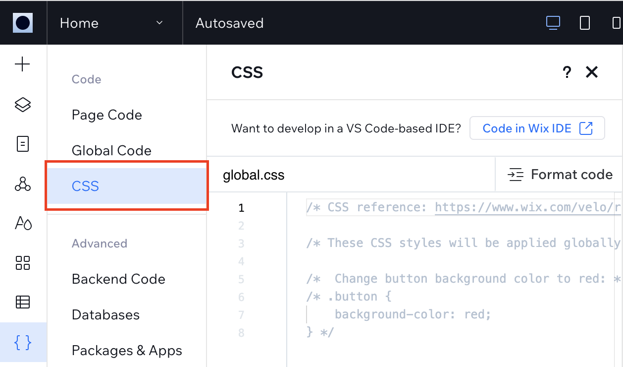 A página CSS no painel Código