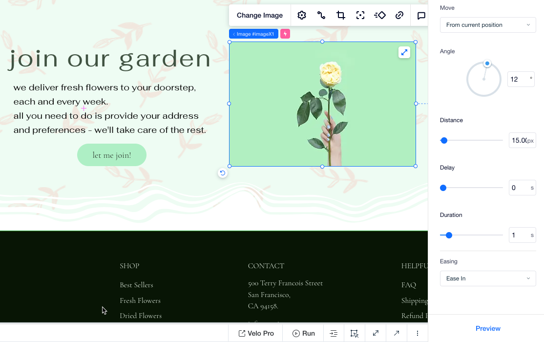 Captura de pantalla del panel Inspector profesional, en la que se ajusta la configuración de una animación preestablecida