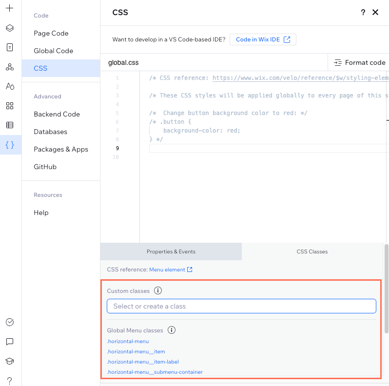 Un ejemplo de la página CSS, que muestra las clases disponibles después de seleccionar un menú horizontal en el lienzo.