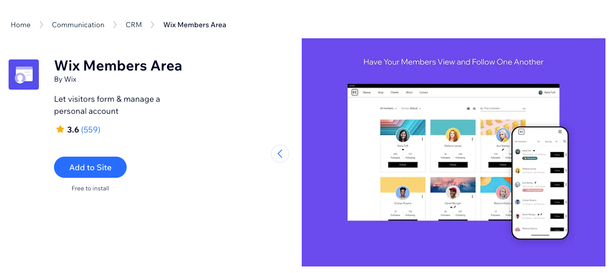 A screenshot of the App Market adding the Members Area app