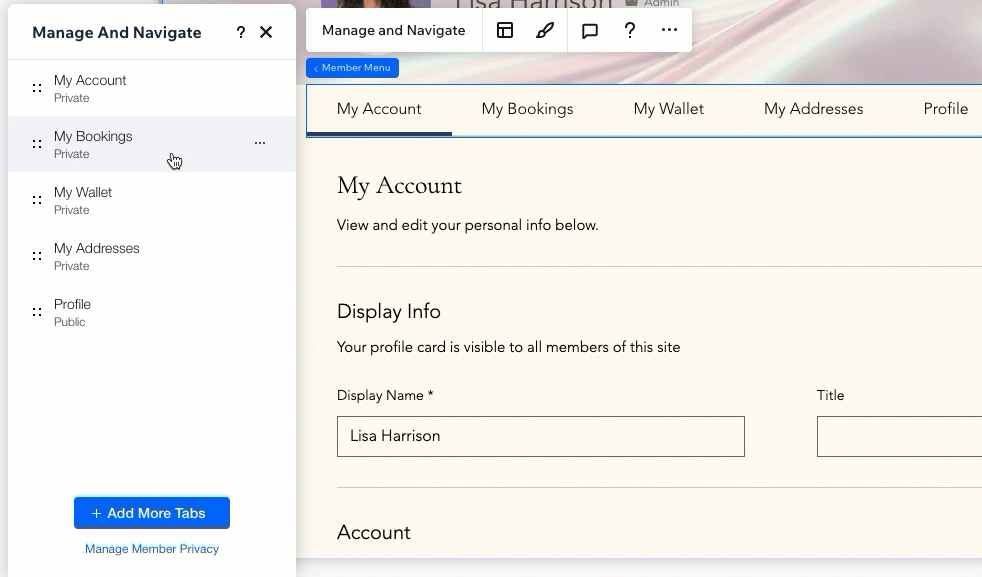 GIF showing how clicking a tab in the Manage and Navigate panel takes you to see it