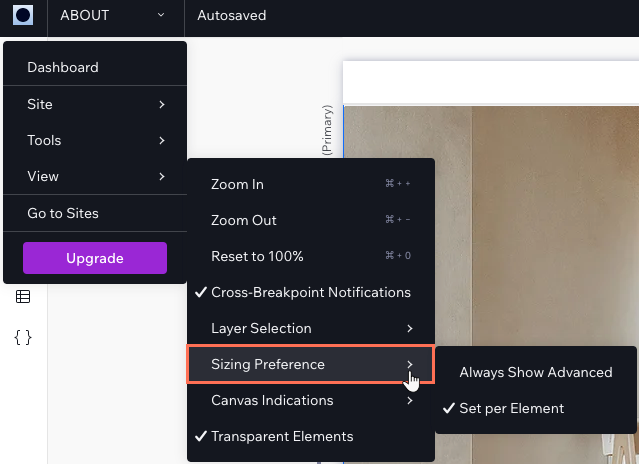 Une capture d'écran du menu supérieur de l'éditeur de studio, où vous pouvez contrôler les préférences de dimensionnement