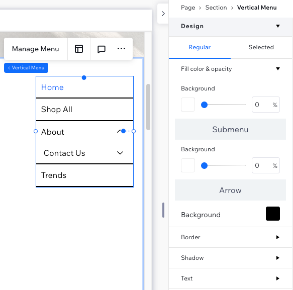 Personalizando um menu vertical no painel Inspetor no Editor do Wix Studio