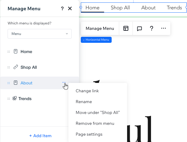 El panel Administrar menú en el Editor de Wix Studio y las opciones que aparecen para administrar un elemento del menú