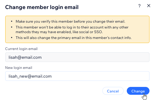 The pop-up in which you change a site member's login email