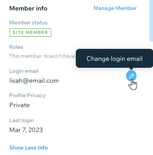 A member's contact card, Member info section, clicking the button to change their login email