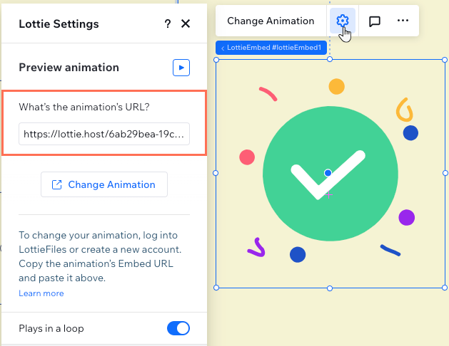 Adding a new lottie element to the Editor and embedding the animation link from the Settings panel