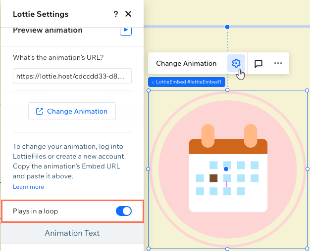 A screenshot of the toggle in the Settings panel that controls the way the lottie animation plays