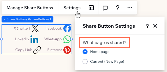 The Share Button Settings panel where you choose which page the buttons link to