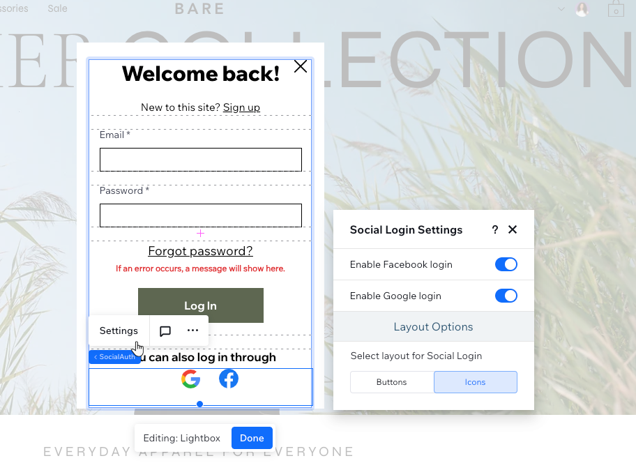 Ajustar la configuración de inicio de sesión en redes sociales para el formulario de inicio de sesión personalizado