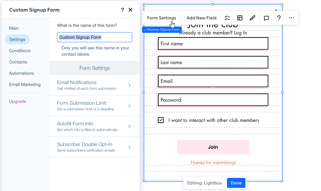 Adjusting the form settings of a custom signup form in the Studio Editor