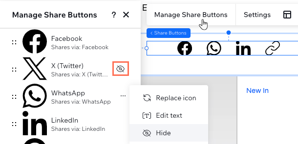 The Manage Share Buttons panel, where you can hide, unhide and reorder the buttons