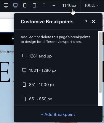 O painel de breakpoints de uma página do site