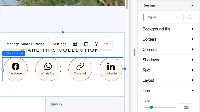 The design options in the Inspector panel, next to a designed Share Buttons element